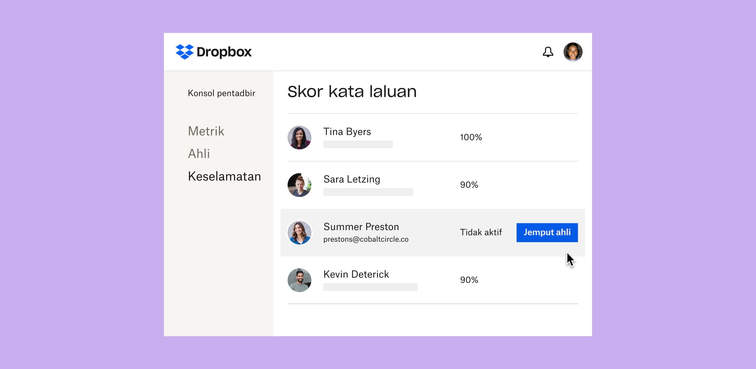 Antara muka Dropbox yang menunjukkan skor kata laluan pengguna individu dan butang biru berlabel “jemput ahli” di sebelah profil pengguna yang tidak aktif